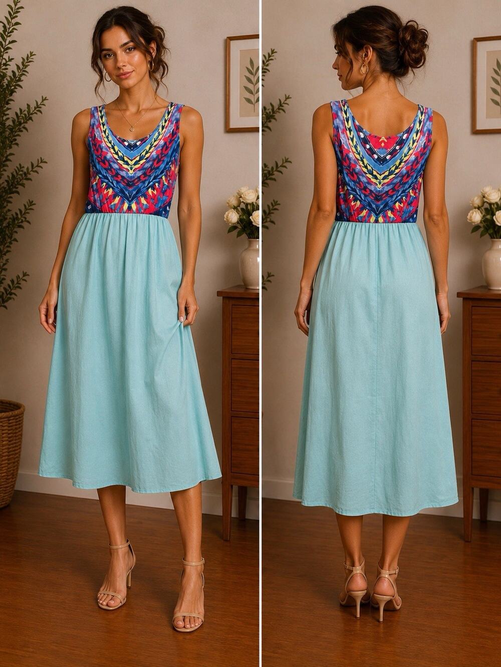 Women’s Boho Colorblock Maxi Dress Size Medium Sleeveless Blue Abstract Print